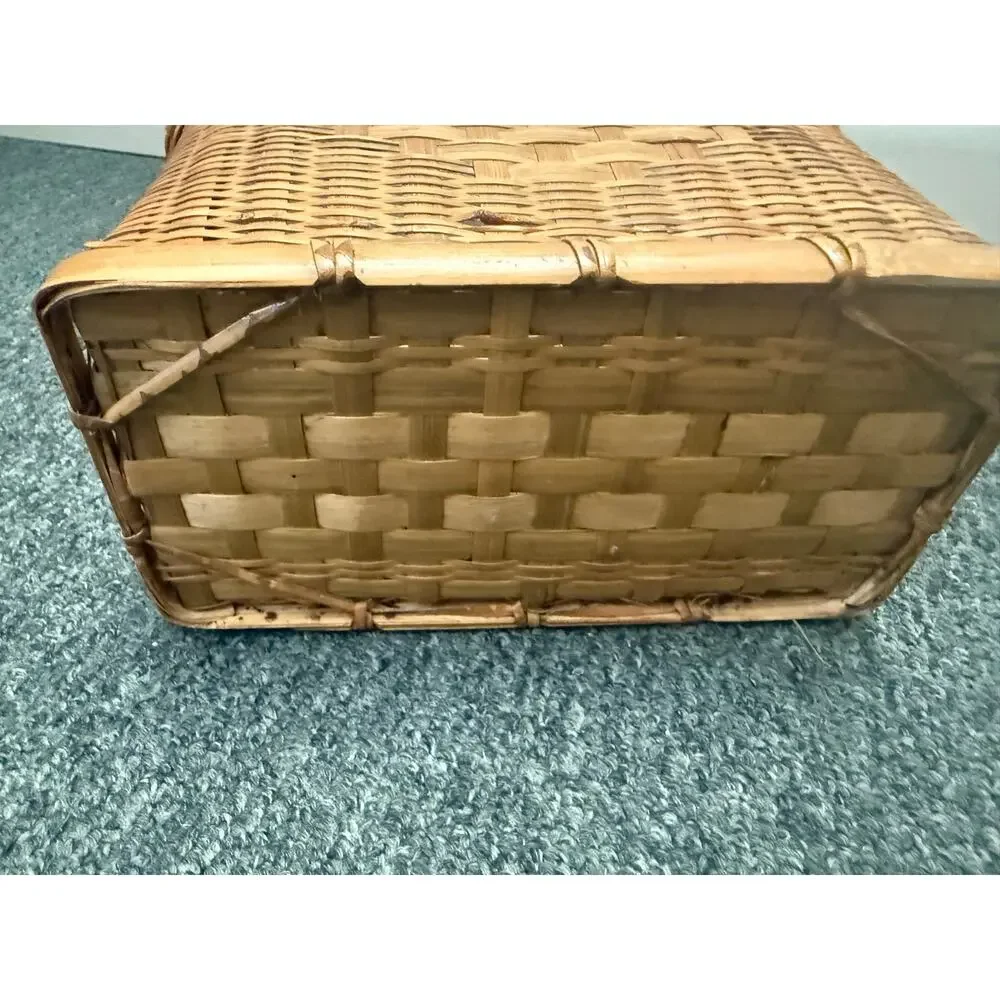 Vintage Hand-woven Storage Basket Checkerboard Pattern Reinforced Framing